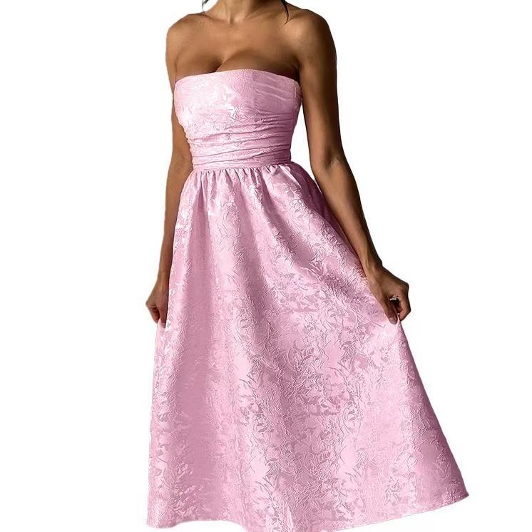 Jacquard Strapless Ruched Waist Fit and Flare Midi Dress