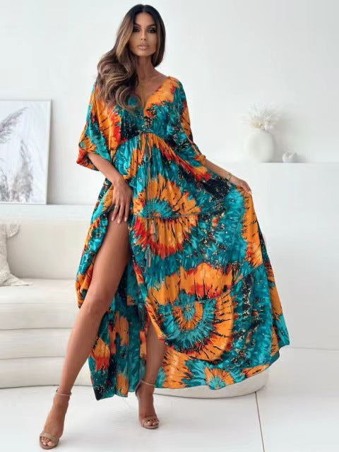 Tie Dye Print Deep V-Neck Batwing Sleeve High Split Maxi Dress 4