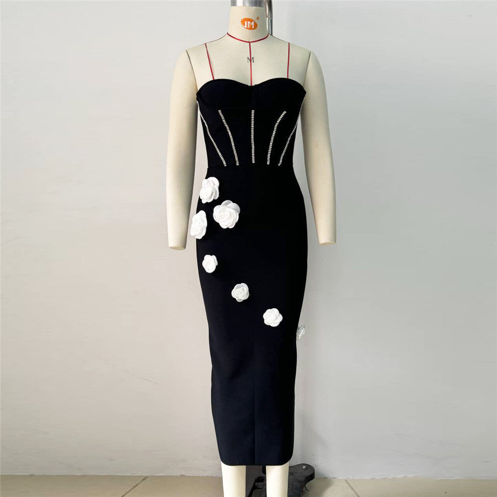 Rhinestone Bodice Strapless 3D Rose Applique Bandage Midi Dress