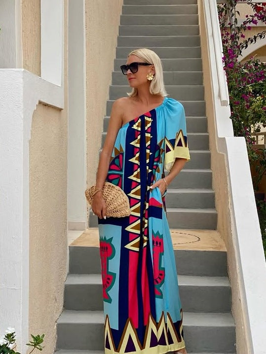 Geometric Print One Shoulder Short Sleeve Loose Maxi Dress 2