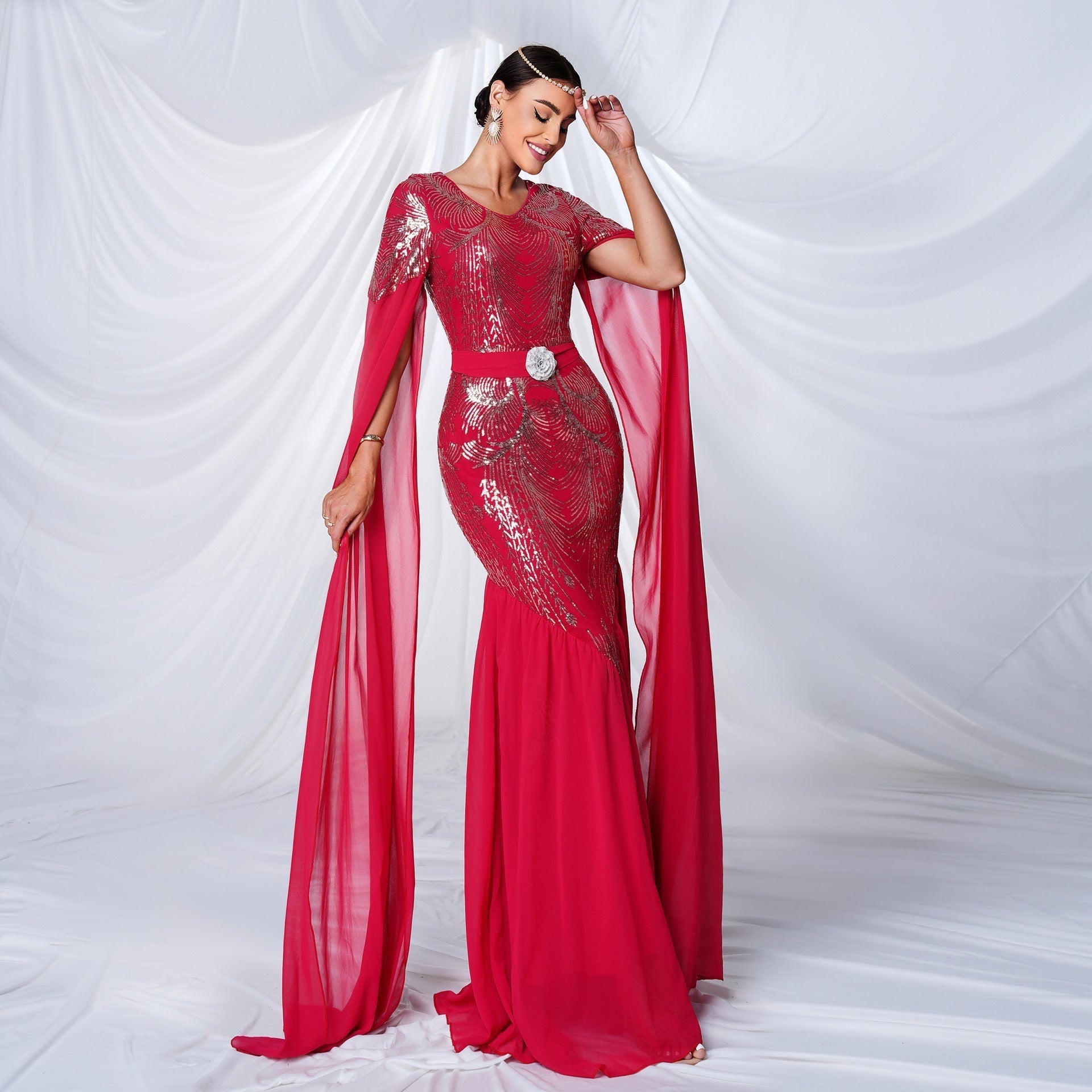 Sequin Round Neck Cape Sleeve Beaded Mermaid Evening Gown