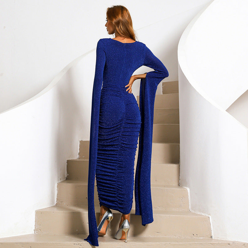 Glitter Round Neck Cape Sleeve Ruched Bodycon Maxi Dress
