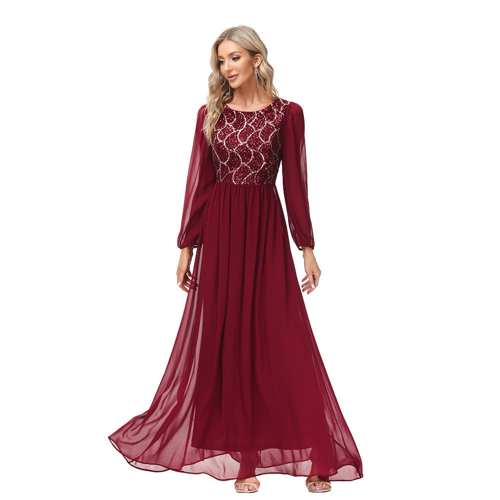 Sequin Round Neck Bishop Sleeve Chiffon A-Line Gown