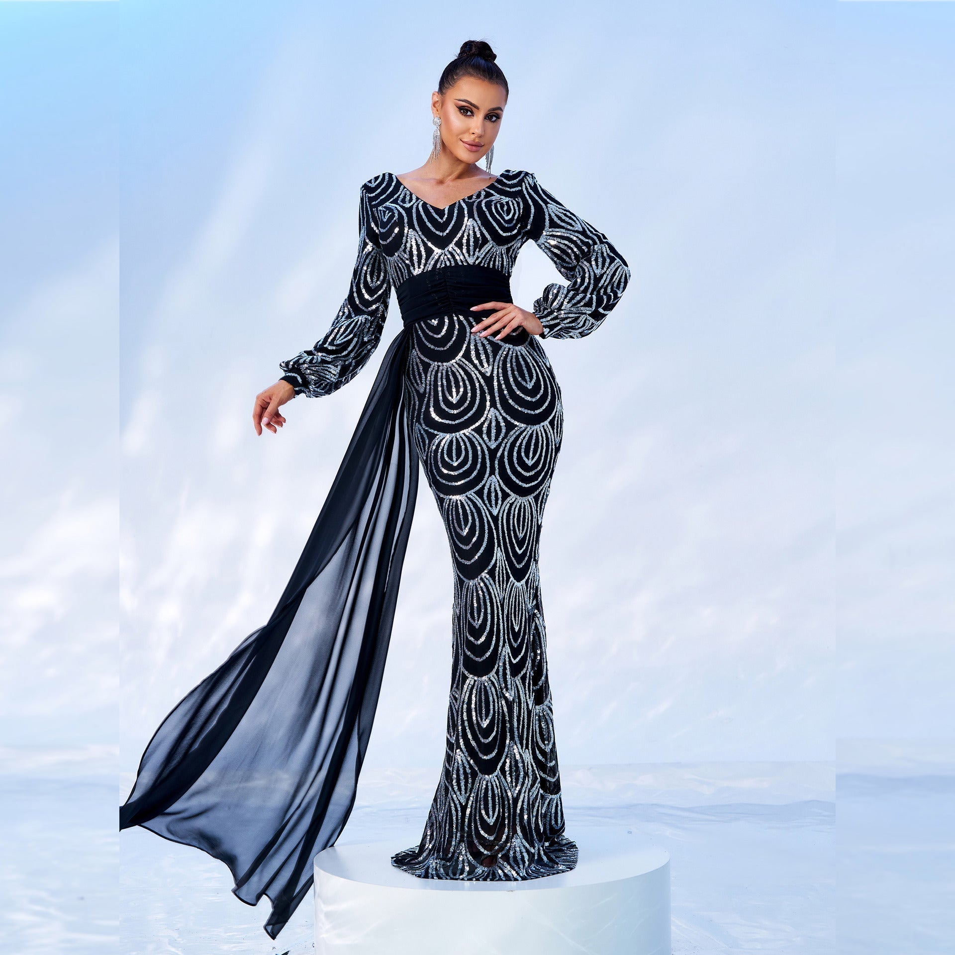 Sequin V-Neck Long Sleeve Mermaid Evening Gown