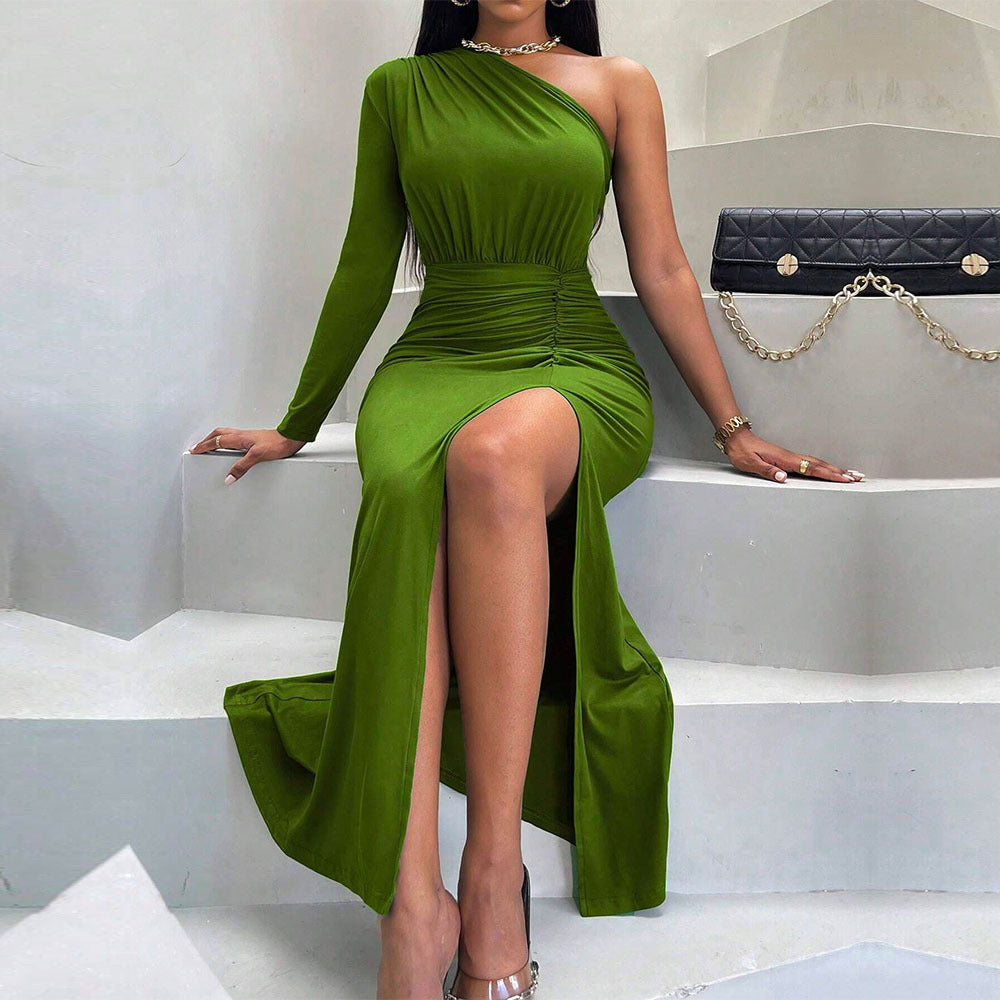 One Shoulder Long Sleeve Ruched High Split Bodycon Maxi Dress