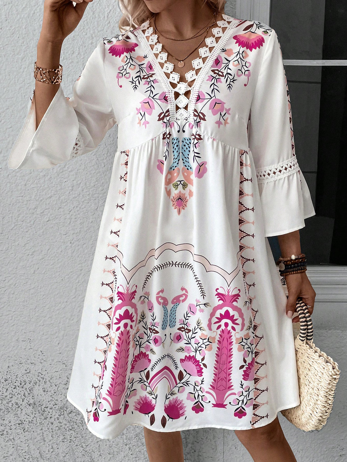 Boho Print Lace Trim V-Neck Bell Sleeve Empire Waist Midi Dress 4