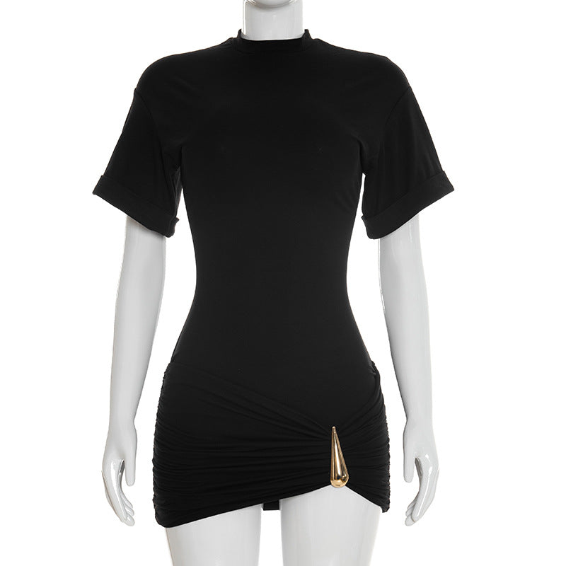 Mock Neck Short Sleeve Ruched Metal Hardware Bodycon Mini Dress 2