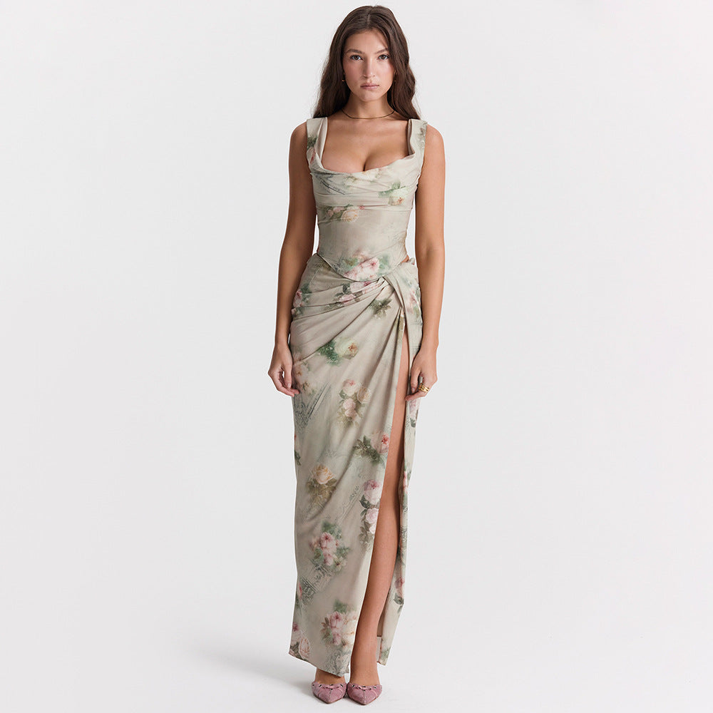 Chiffon Square Neck Corset Bustier High Split Maxi Two Piece Set
