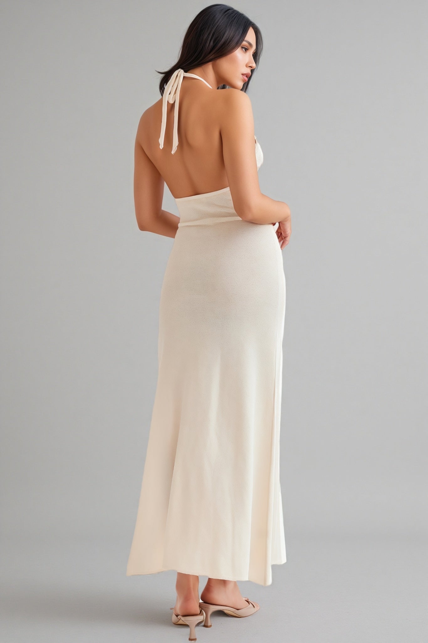 Knit Halter Neck Rosette Applique High Split Bodycon Maxi Dress