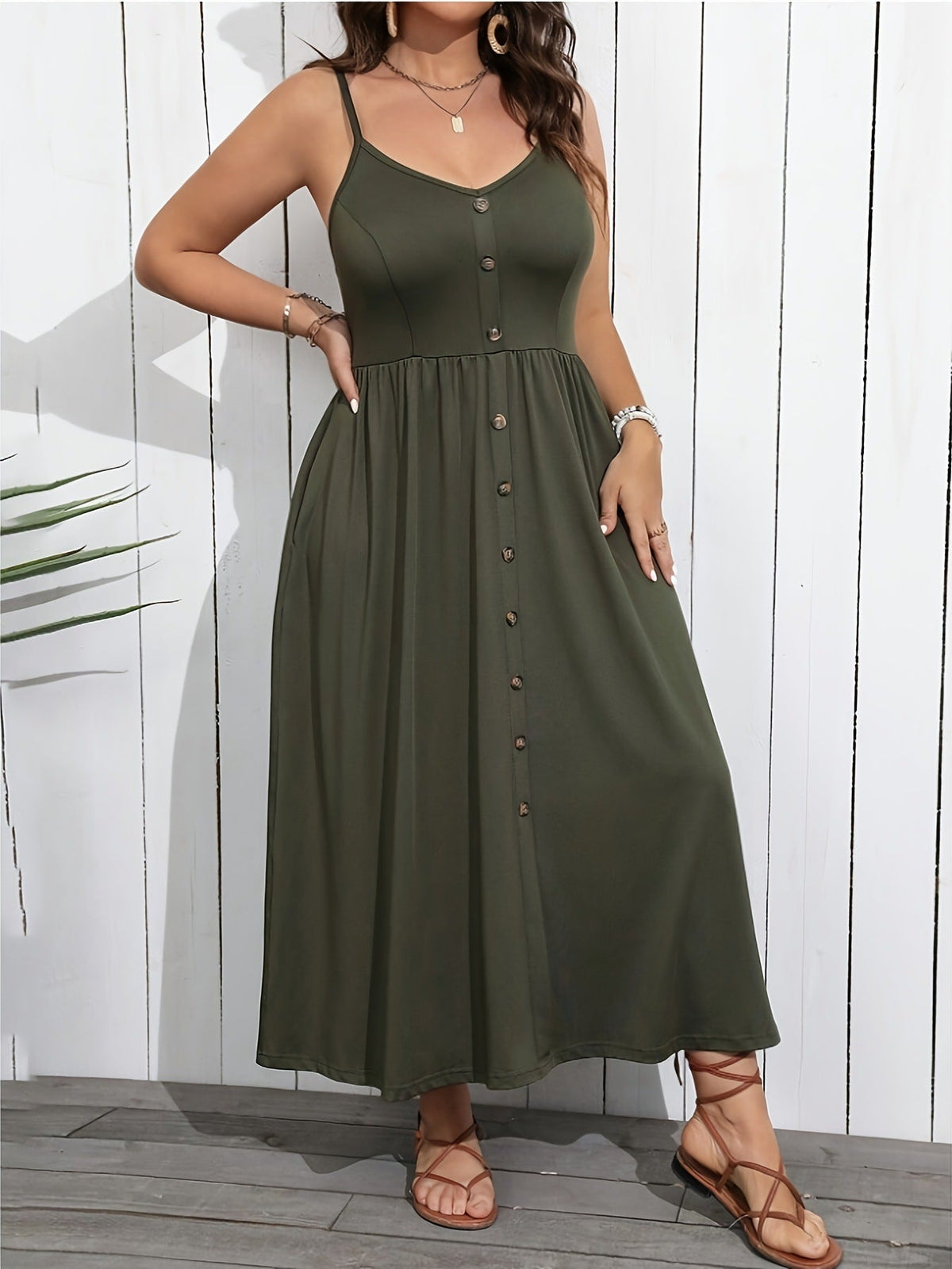 Spaghetti Strap Button Front Pocket Midi Dress 7