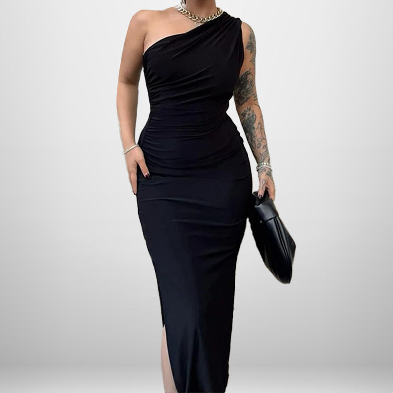 One Shoulder Sleeveless Ruched High Split Bodycon Maxi Dress