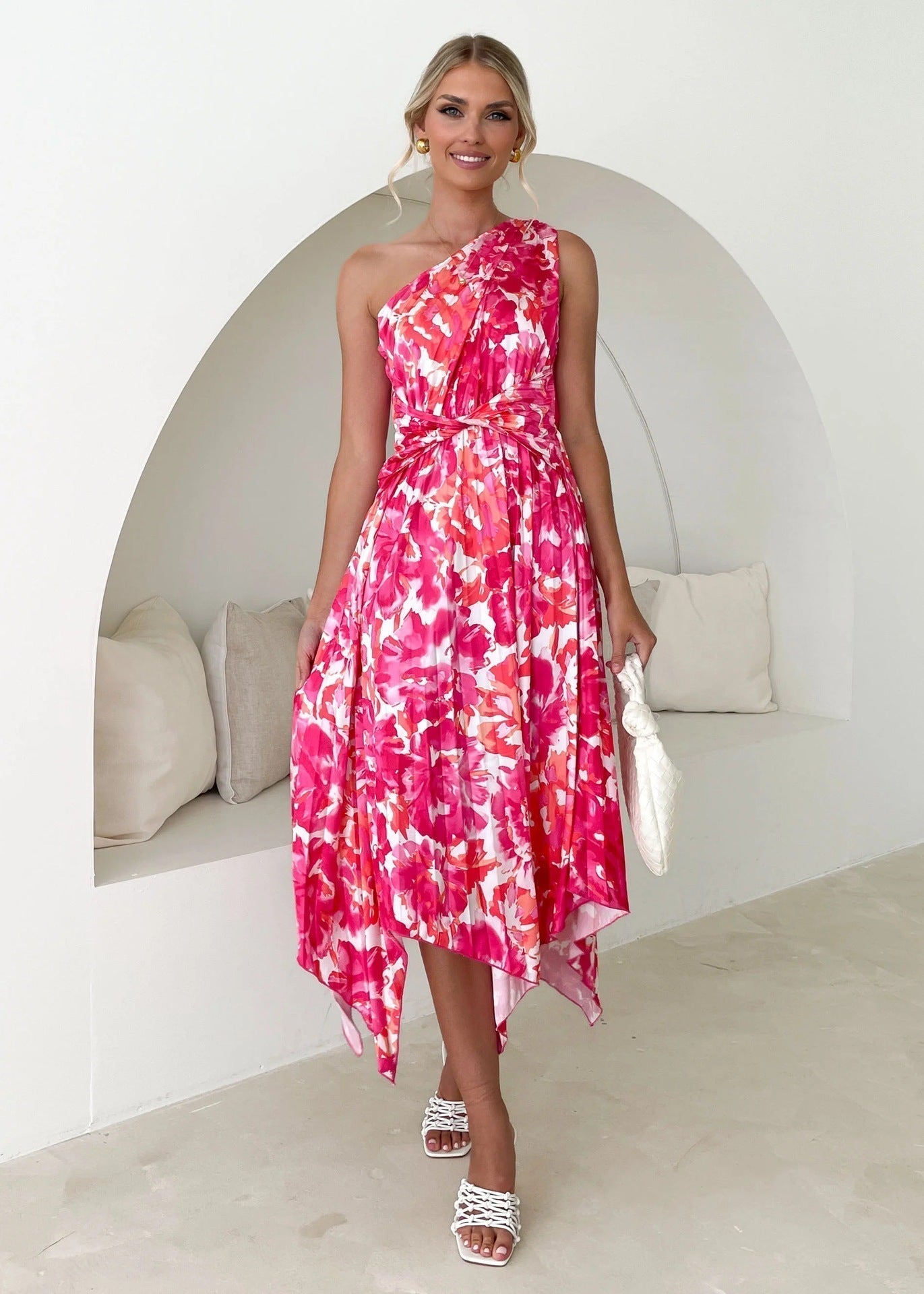 Floral One Shoulder Belted Handkerchief Hem Pleated Midi Dress