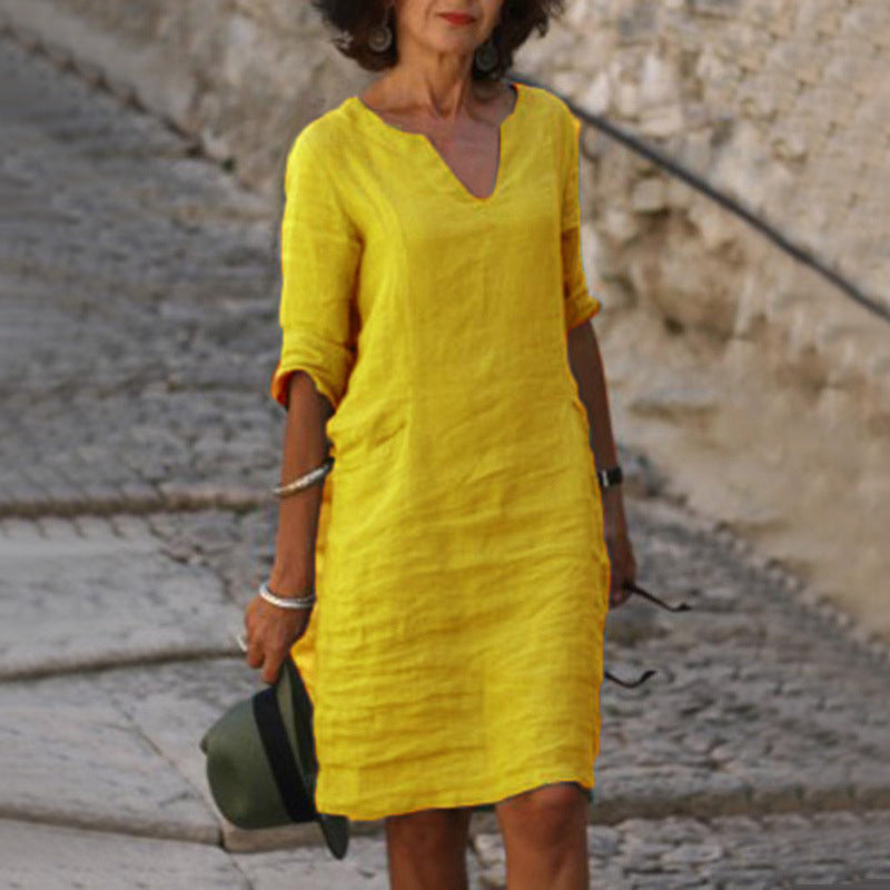 Split Neck Short Sleeve Pocket Shift Midi Dress 2