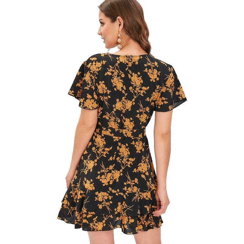 Floral Chiffon Deep V-Neck Short Sleeve Tiered Ruffle Mini Dress