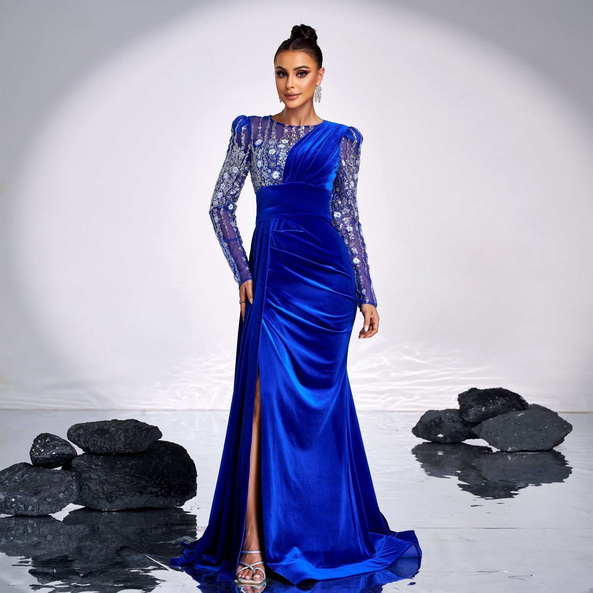 Velvet Round Neck Long Sleeve Beaded Ruched High Split Mermaid Gown