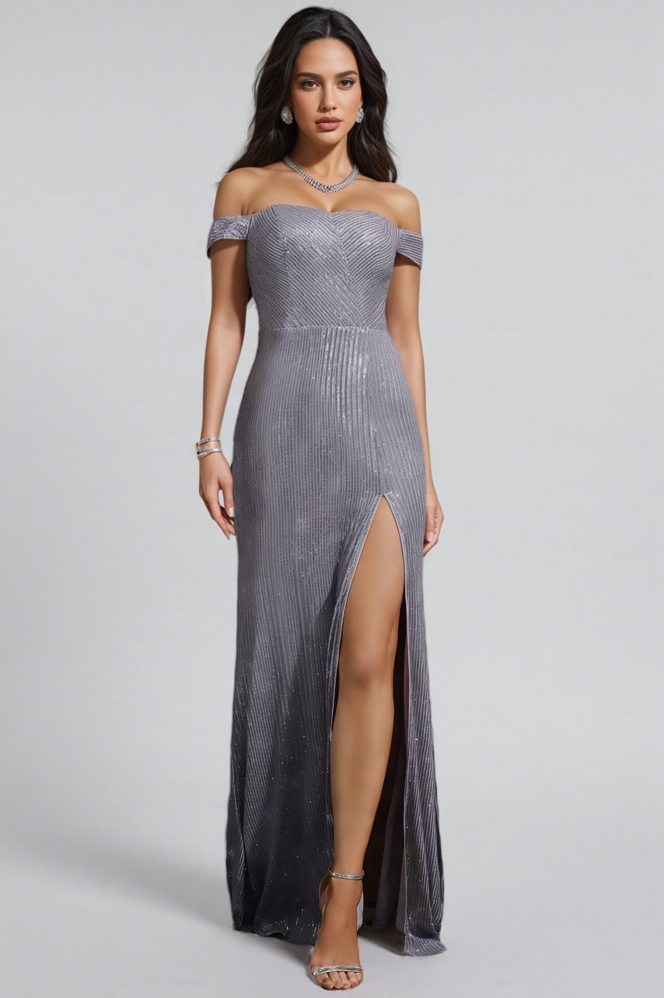 Sequin Off Shoulder Sweetheart Vertical Stripe High Split Mermaid Maxi Gown