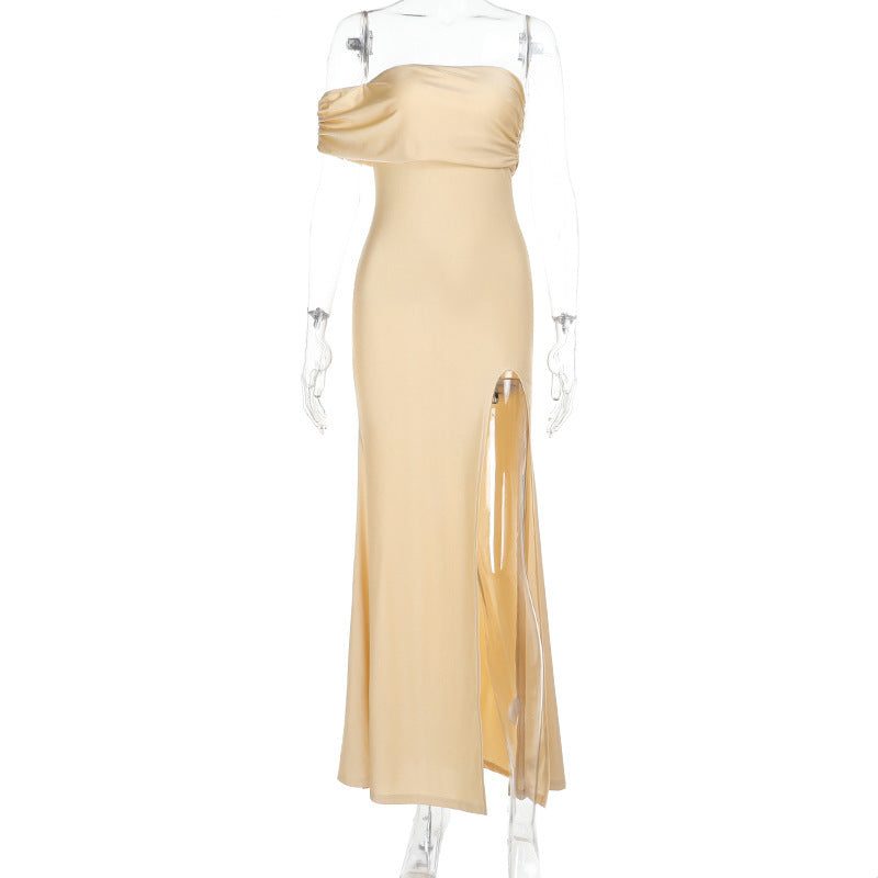 Satin Asymmetric Off Shoulder Draped Bodice High Split Maxi Dress 2