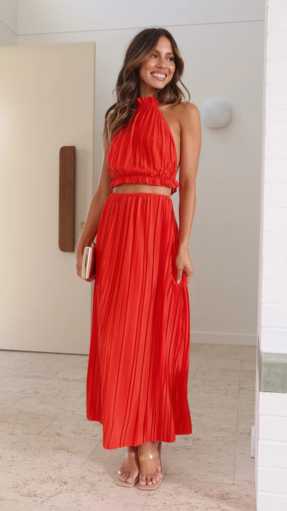 Pleated Halter Neck Backless Cut Out Waist Maxi Dress 5