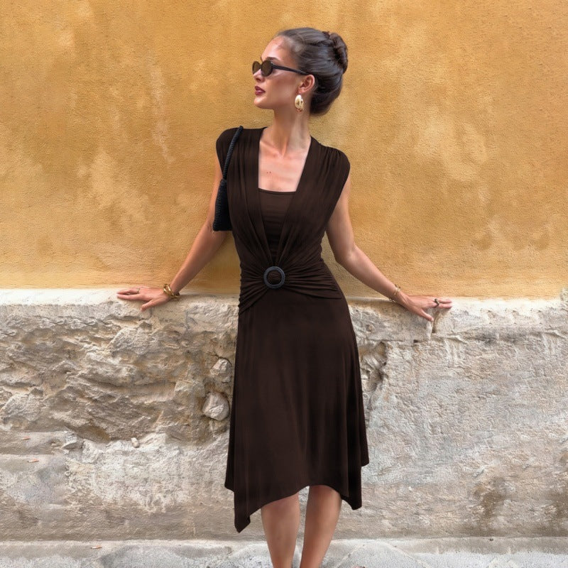 Women Clothing Solid Color Buckle V Neck Irregular Asymmetric Elegant Slim Dress for Women