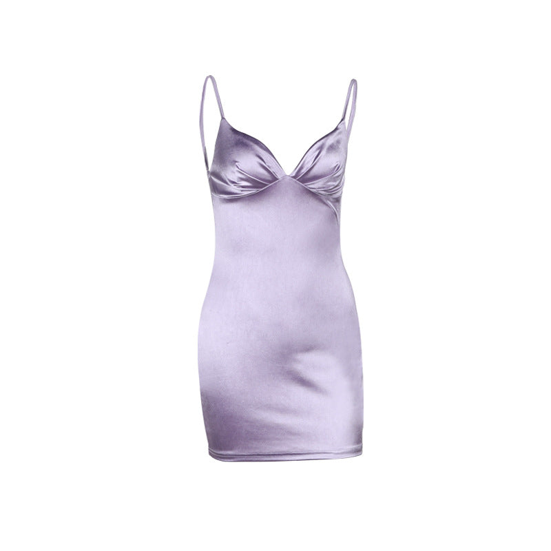 Satin V-Neck Spaghetti Strap Ruched Bust Bodycon Mini Slip Dress 4