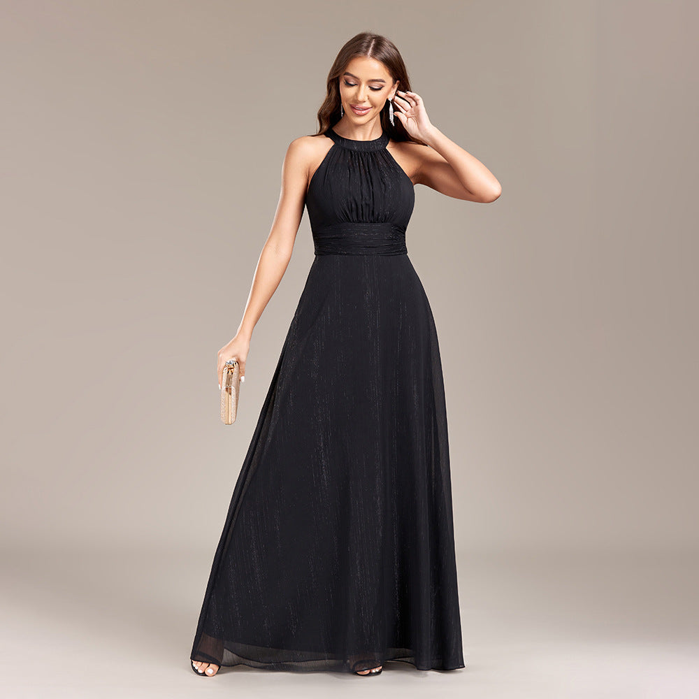 Halter Neck Pleated Waist Chiffon A-Line Maxi Gown