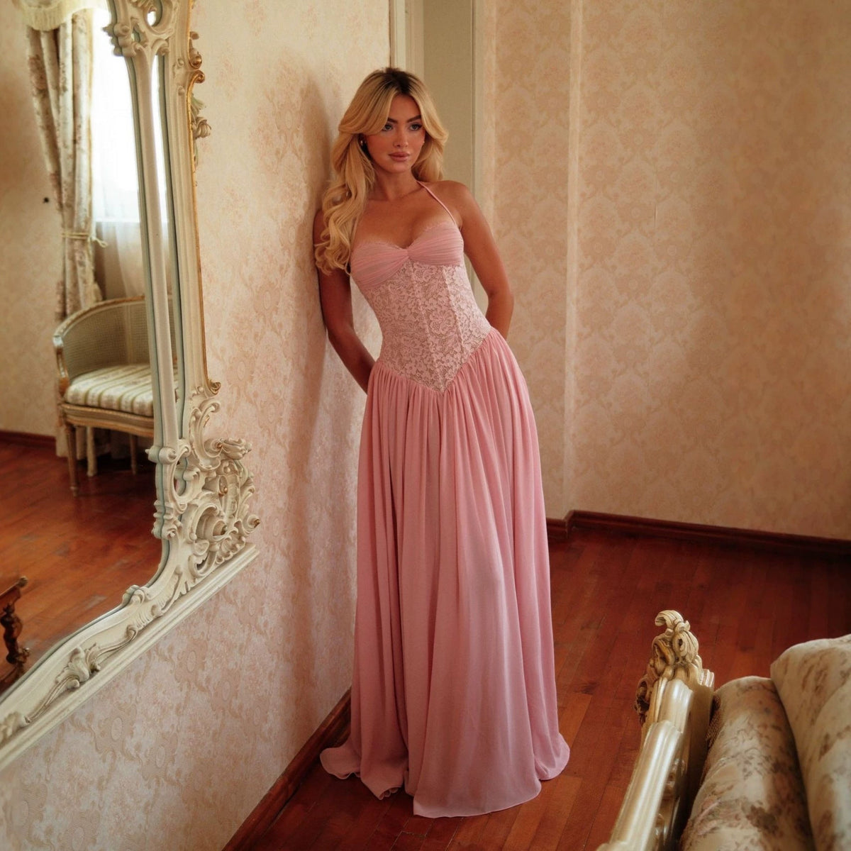 Retro Halter Dress Lace Waist Chiffon Dress Bride Bridesmaid Dress