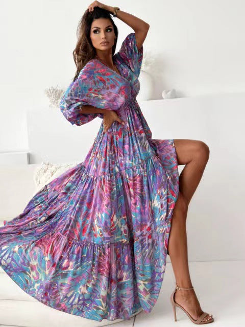 Tie Dye Print Deep V-Neck Batwing Sleeve High Split Maxi Dress 6