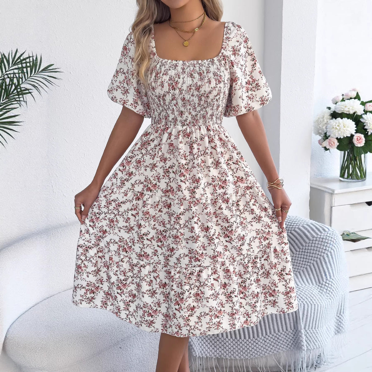Spring Summer Sweet Floral Print Short Sleeve Smocking Slim Fit Large Swing Dress Women Clothing