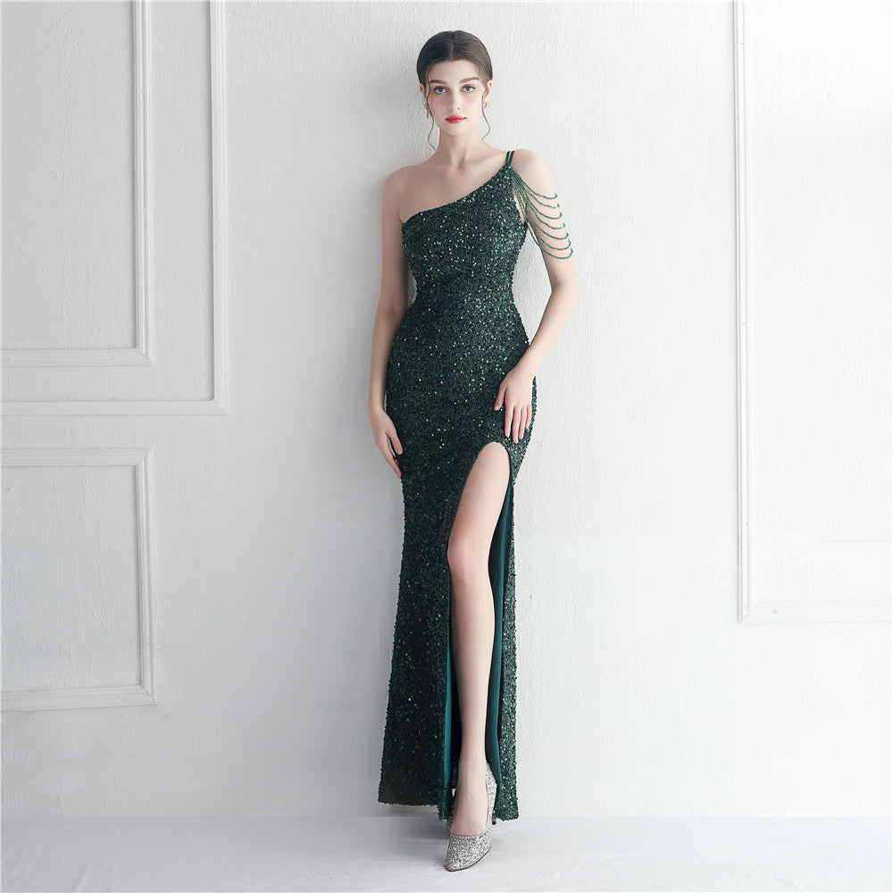 Sequin Beaded One Shoulder High Split Mermaid Gown