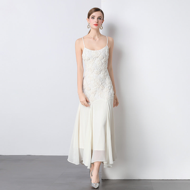 3D Floral Rosette Appliqué Spaghetti Strap Drop Waist Flowy Maxi Gown