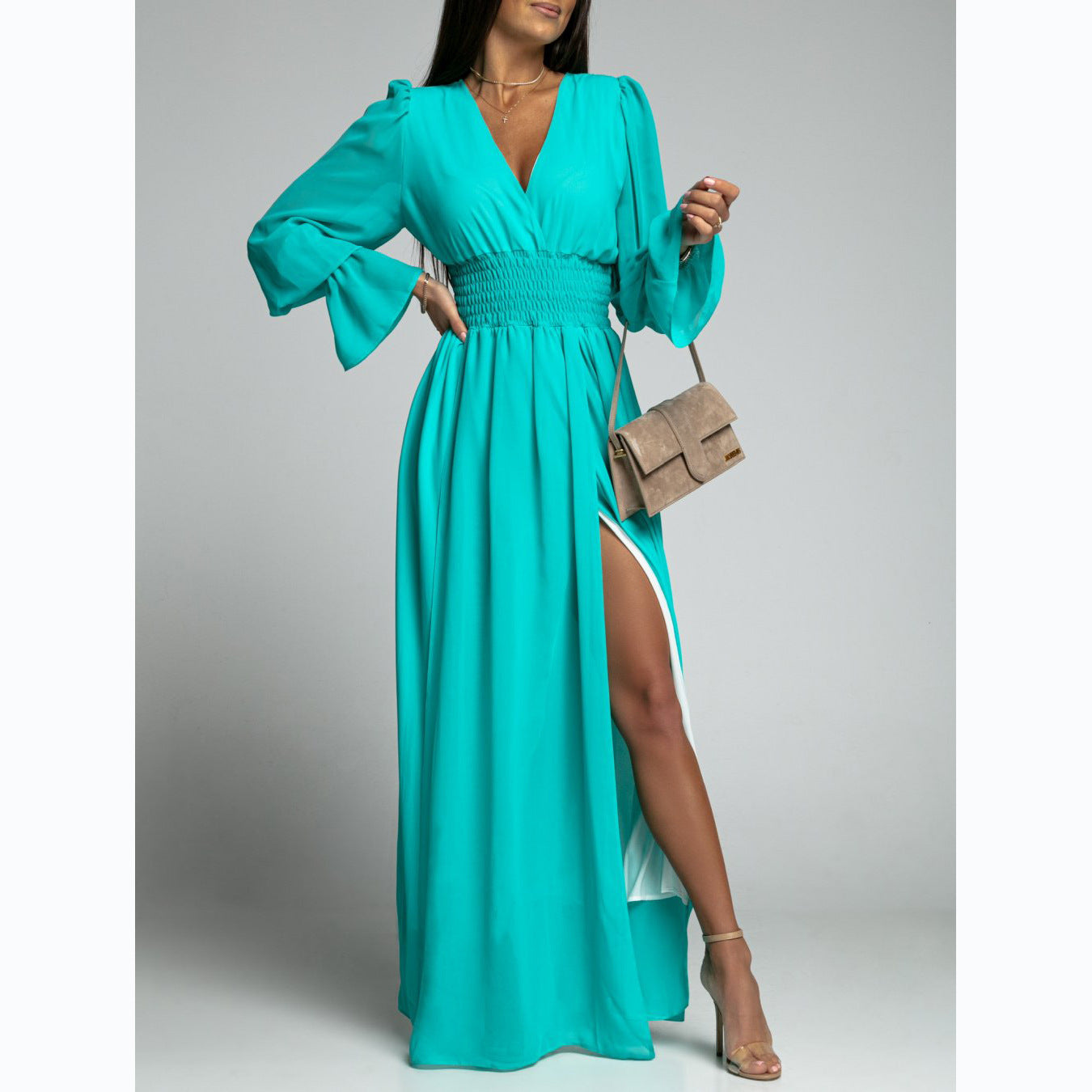 Chiffon Deep V-Neck Puff Sleeve Bell Cuff Smocked Waist High Split Maxi Dress