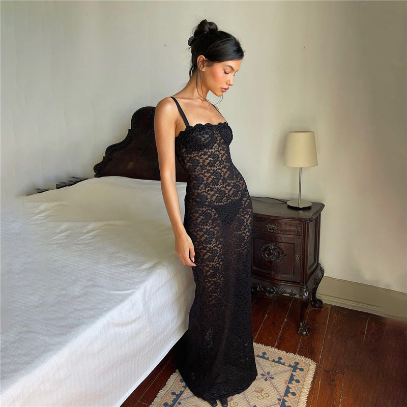 Lace Spaghetti Strap Sweetheart Scalloped Trim Bodycon Maxi Gown