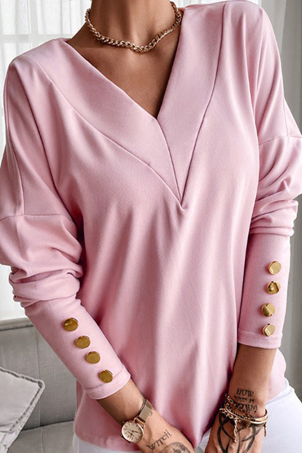 Button Long Sleeve V Neck T Shirt