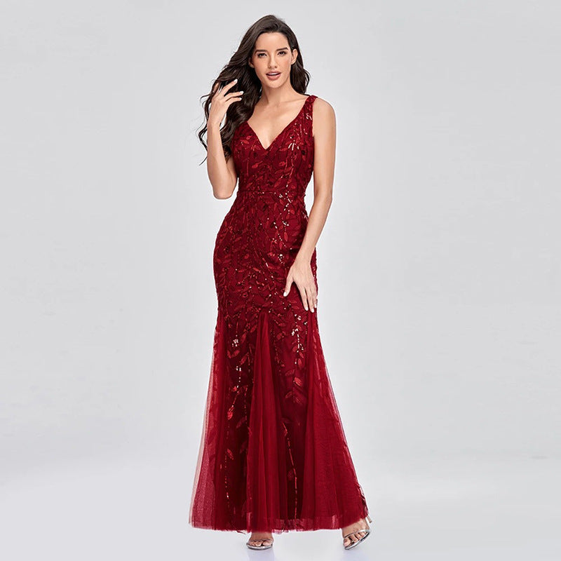 Sequin Embroidered V-Neck Sleeveless Tulle Mermaid Gown