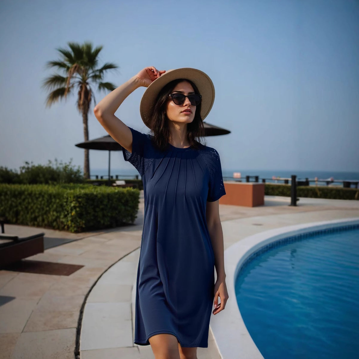 Spring Summer Solid Color Hollow Out Cutout Ruffled Short Sleeves Round Neck Crumpled Dress Women