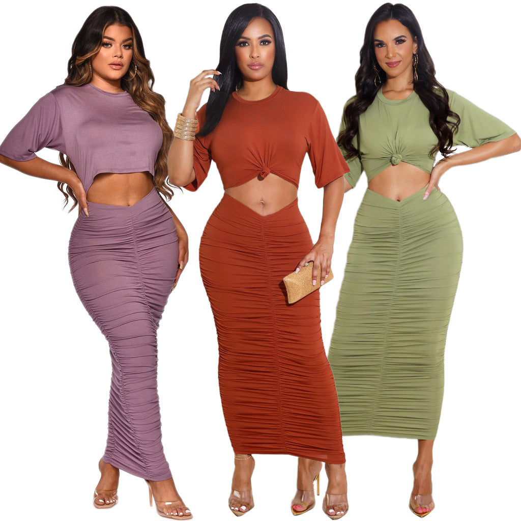 Pleated Solid Color cropped Women Dress
