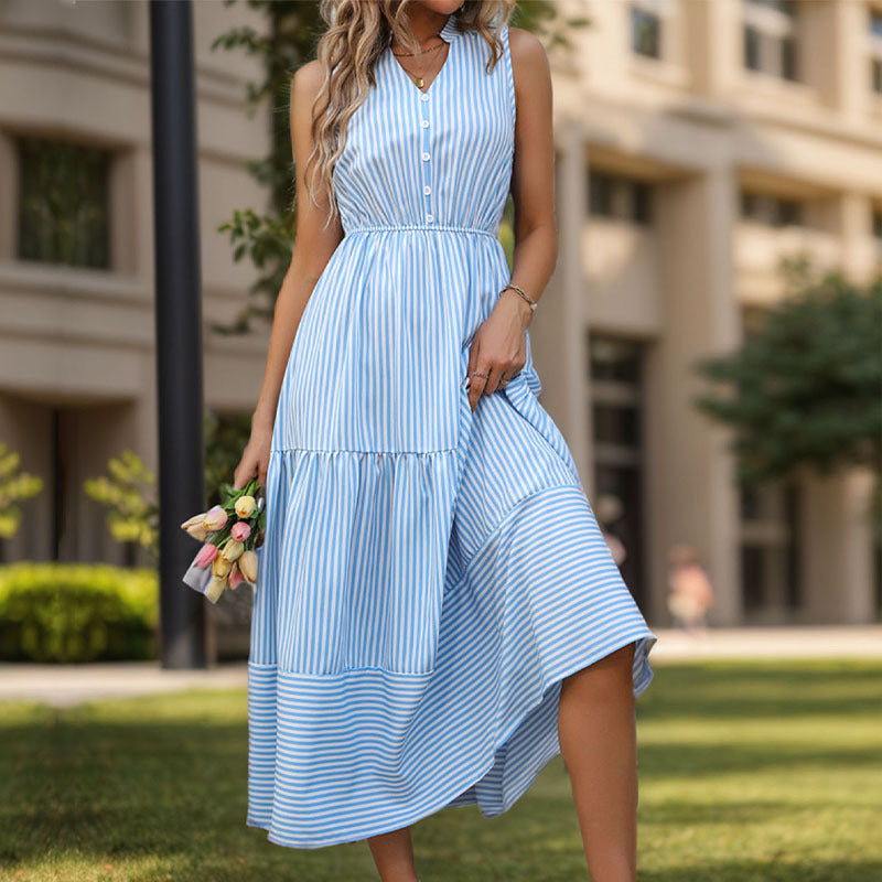 Striped Sleeveless Button Front Tiered Midi Dress