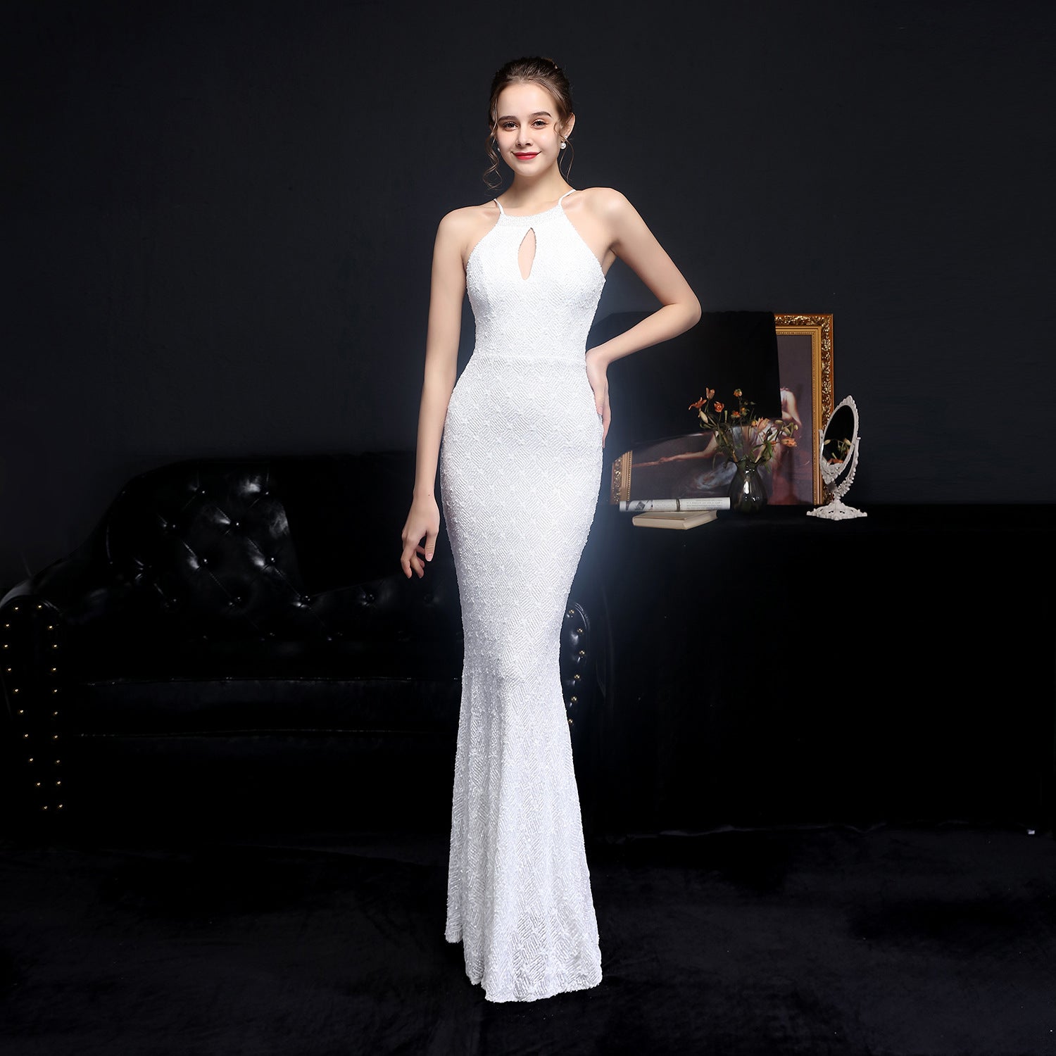 Halter Neck Keyhole Beaded Sequin Mermaid Gown