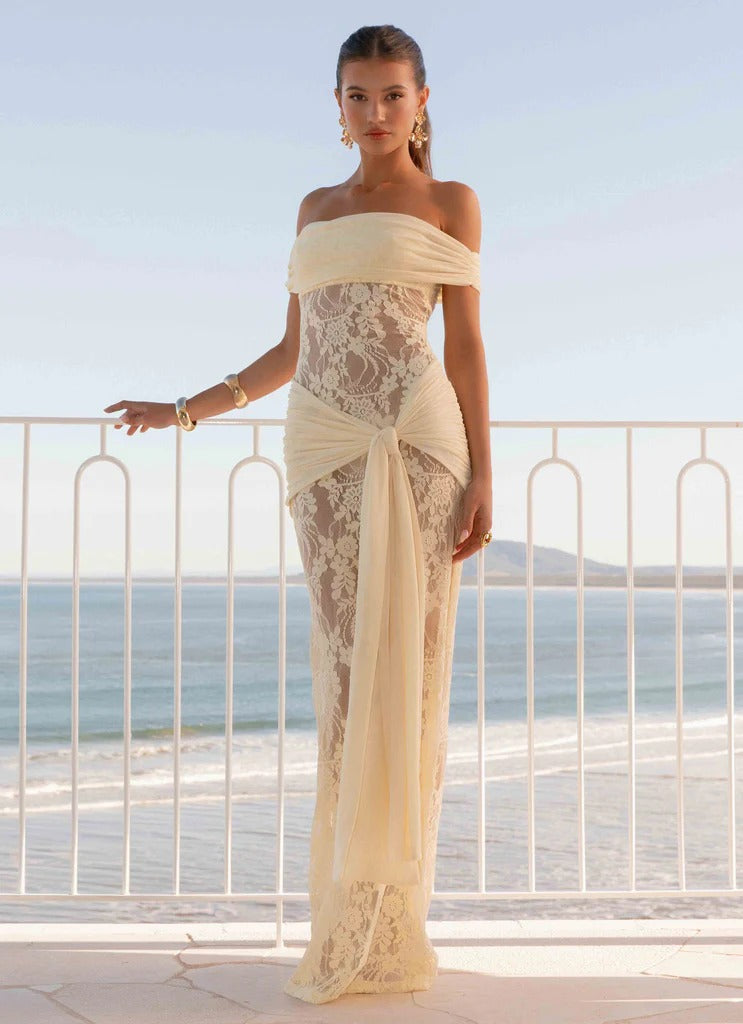 Sheer Lace Cutout Ribbon Bodycon Lace Dress