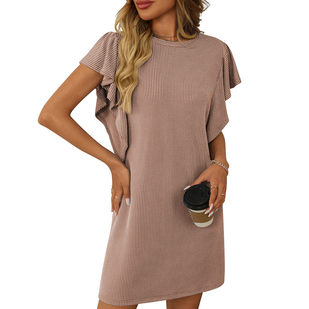 Ribbed Knit Crew Neck Ruffle Sleeve Shift Mini Dress 6