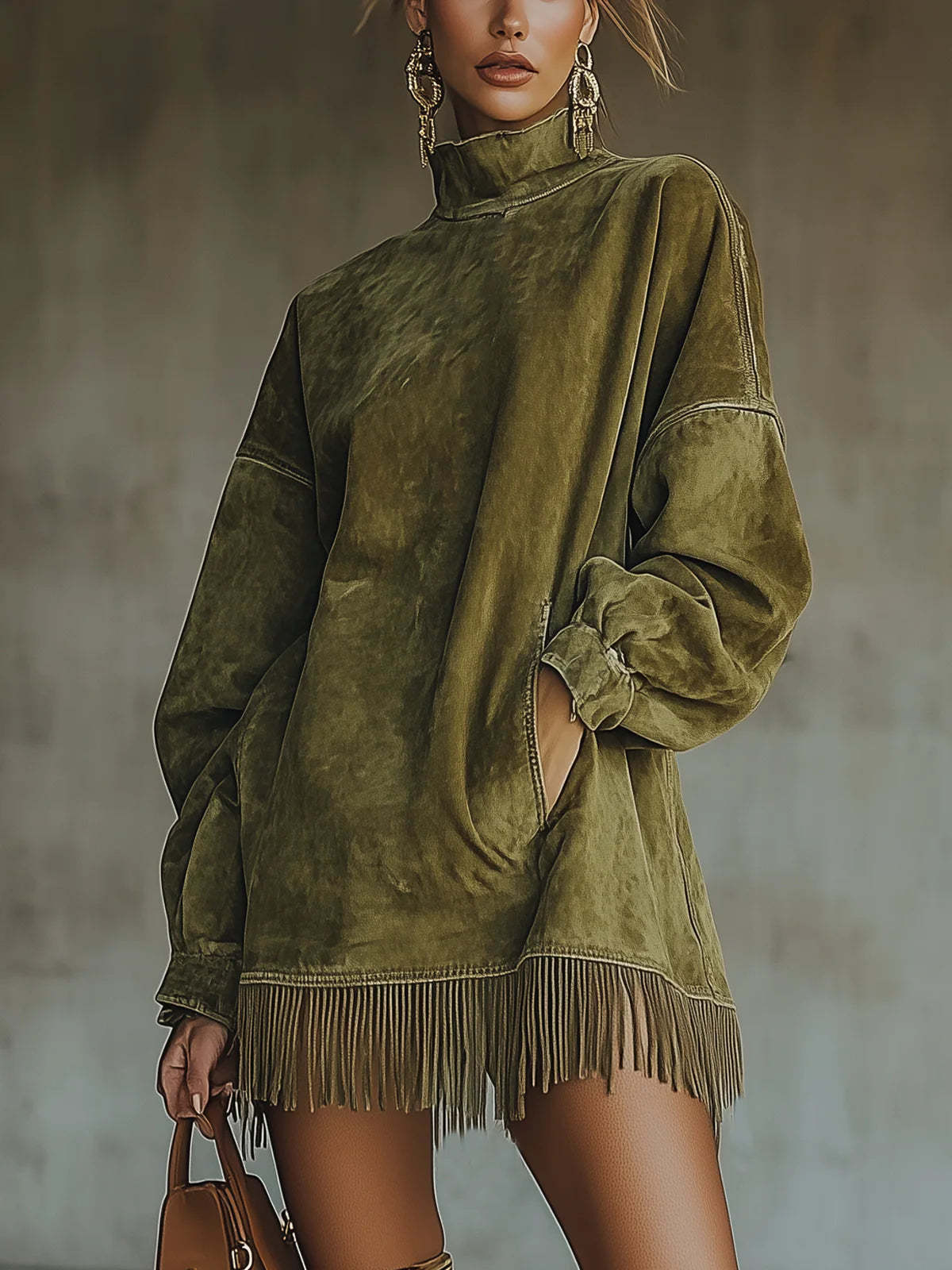 Suede-Look Mock Neck Oversized Fringe Hem Long Sleeve Mini Dress 2