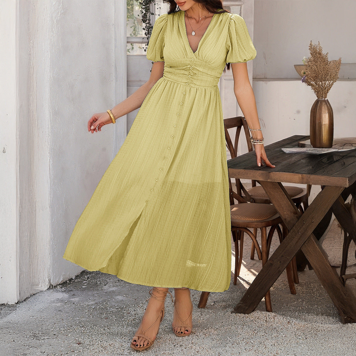 Crinkle Textured Puff Sleeve Deep V-Neck Smocked Waist Button Front High Split Maxi Dress