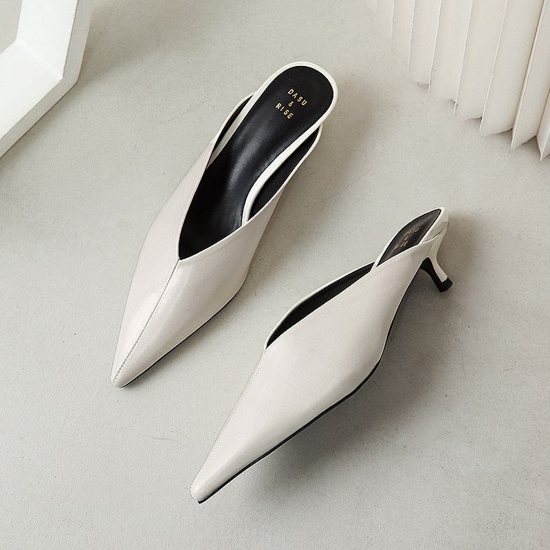 Pointed Toe V Cut Low Heel Mules