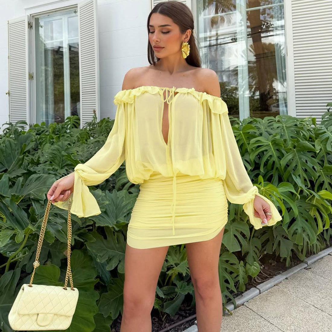 Off Shoulder Sheer Ruffle Blouson Sleeve Keyhole Ruched Mini Dress 3