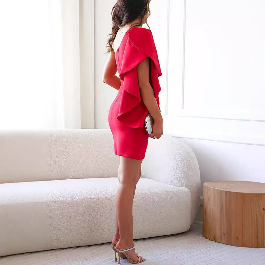 Ruffled One Shoulder Solid Color Cocktail Evening Dress - View 2