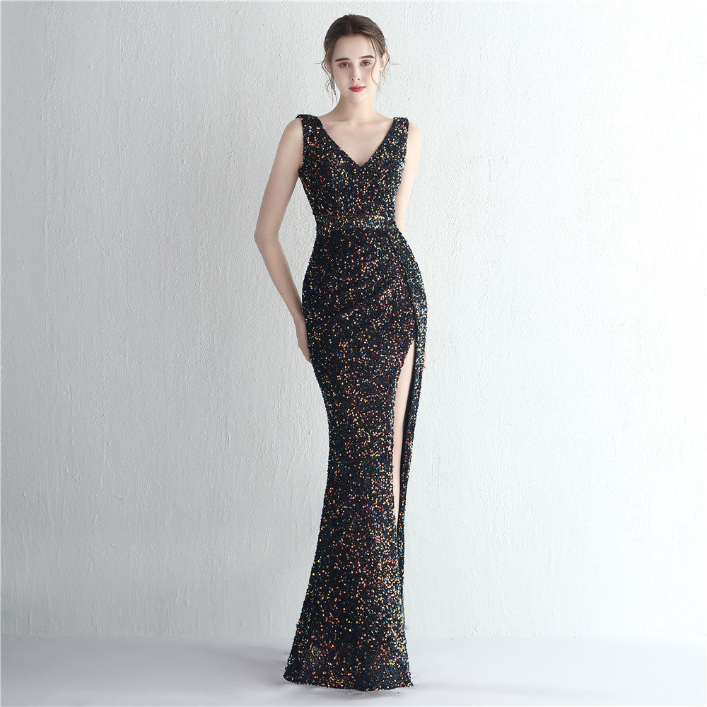 Sequin Deep V-Neck Ruched High Split Mermaid Gown