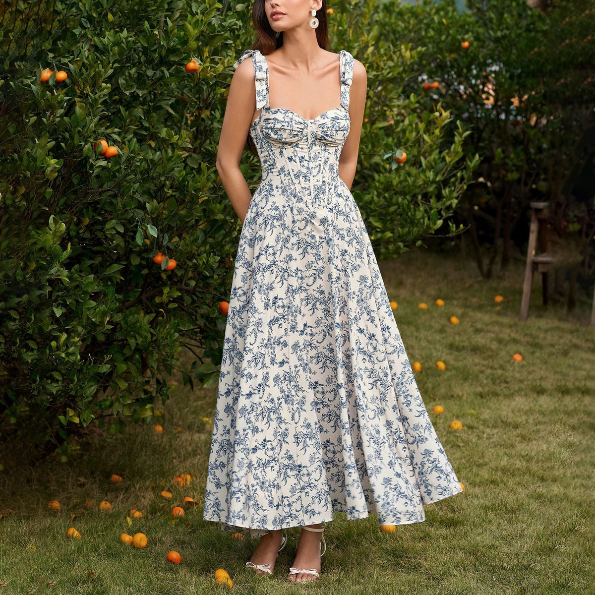 Floral Print Tie Strap Corset Bodice Sweetheart Neck A-Line Maxi Dress