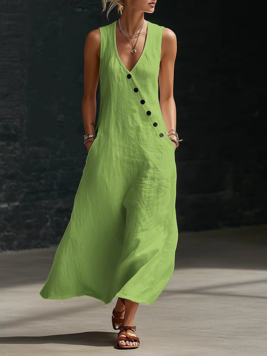 V-Neck Sleeveless Button Front Linen Maxi Dress 13