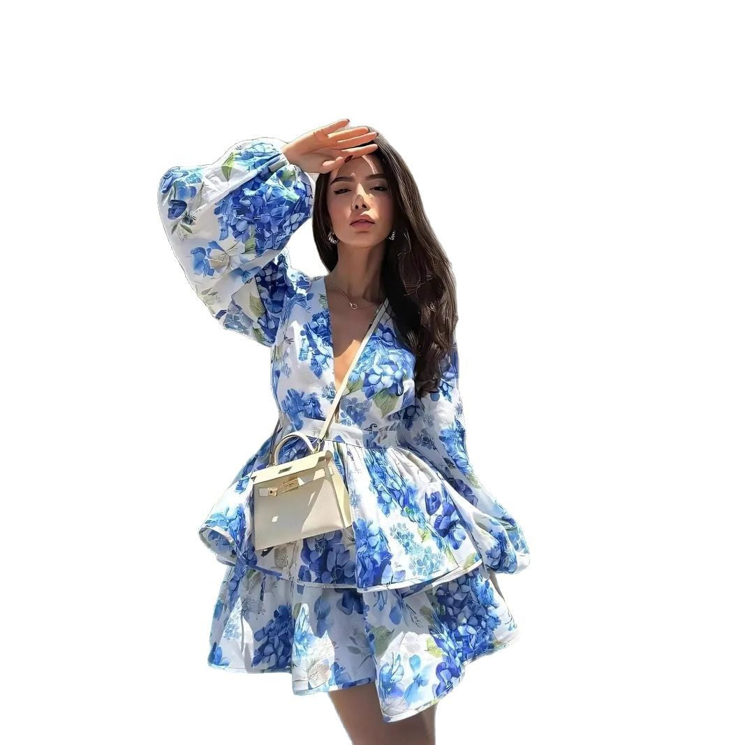 Floral Puff Sleeve V-Neck Tiered Ruffle Mini Dress
