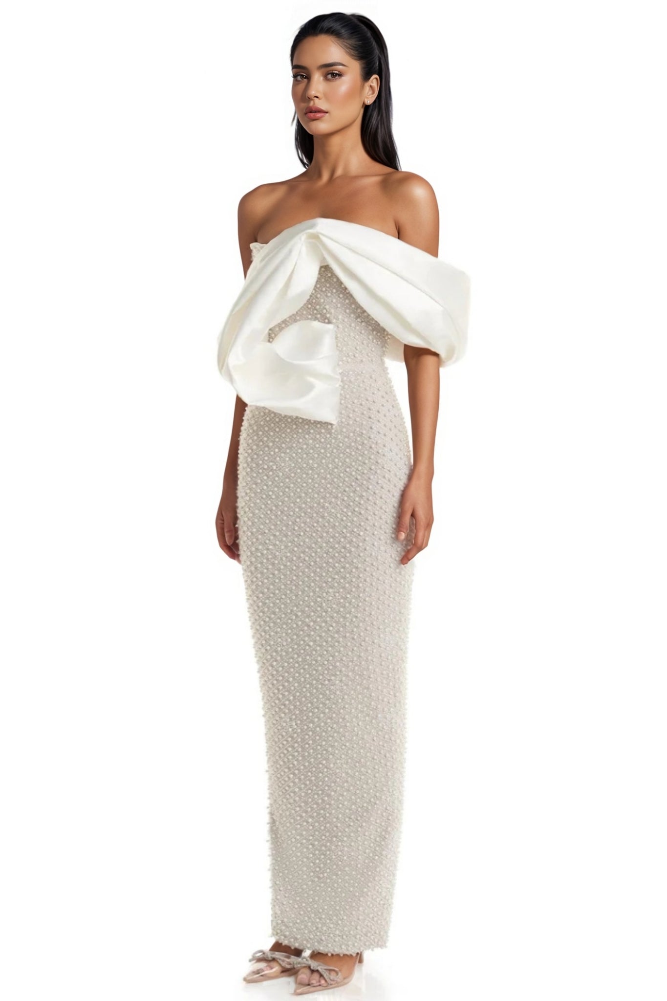 Pearl Embellished Strapless Ruffle Bodice Column Maxi Gown